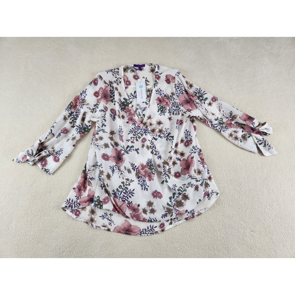 New West Kei Stitch Fix Deep V Floral Blouse 3/4 Sleeve w/Ties Size Medium